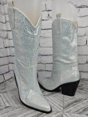 Azaleia Wang Womens 10 White Crystal Embellished Western Cowboy Boots Bedazzled